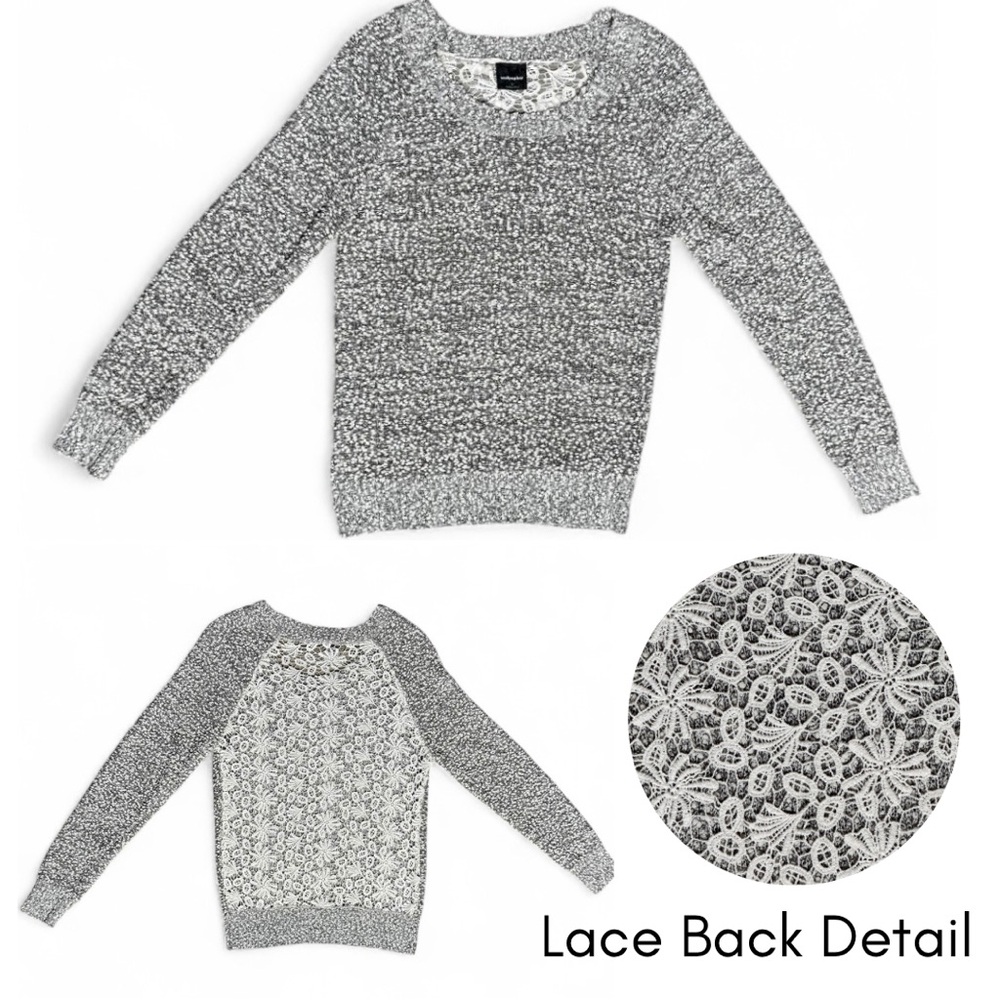 Wallpapher Gray Knit Sweater Small Cream Lace Back Romantic Boho Top